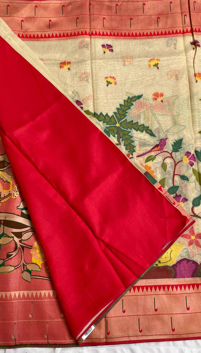 Cream Peach Tissue Saree with Paithani Border & Kalamkari Body |CS4|