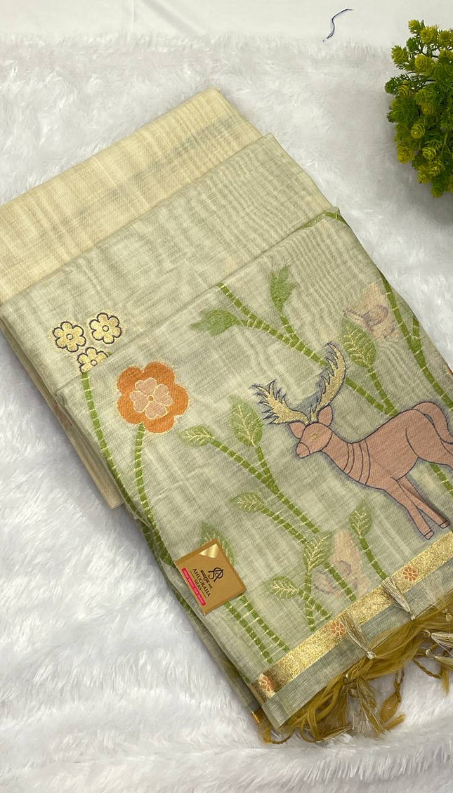 Cream Cotton Linen Saree with green contrast blouse|CS5
