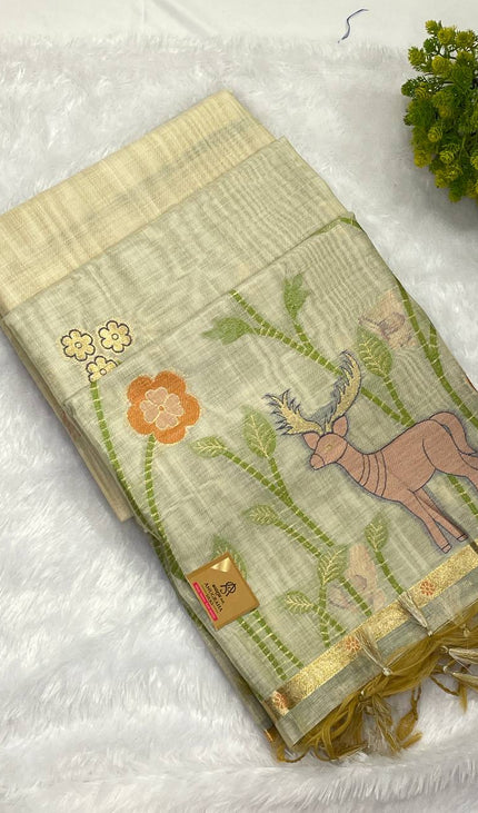 Cream Cotton Linen Saree with green contrast blouse|CS5