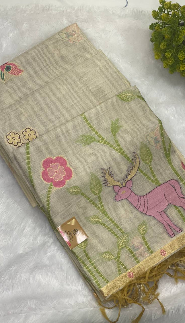 Cream Cotton Linen Saree with wine contrast blouse  |CS5