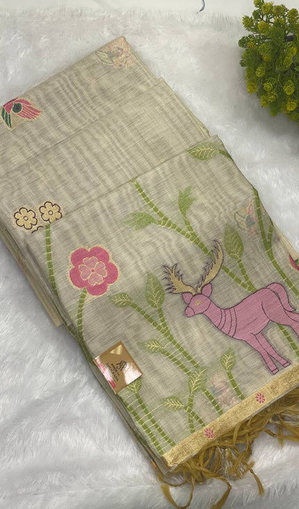 Cream Cotton Linen Saree with wine contrast blouse  |CS5