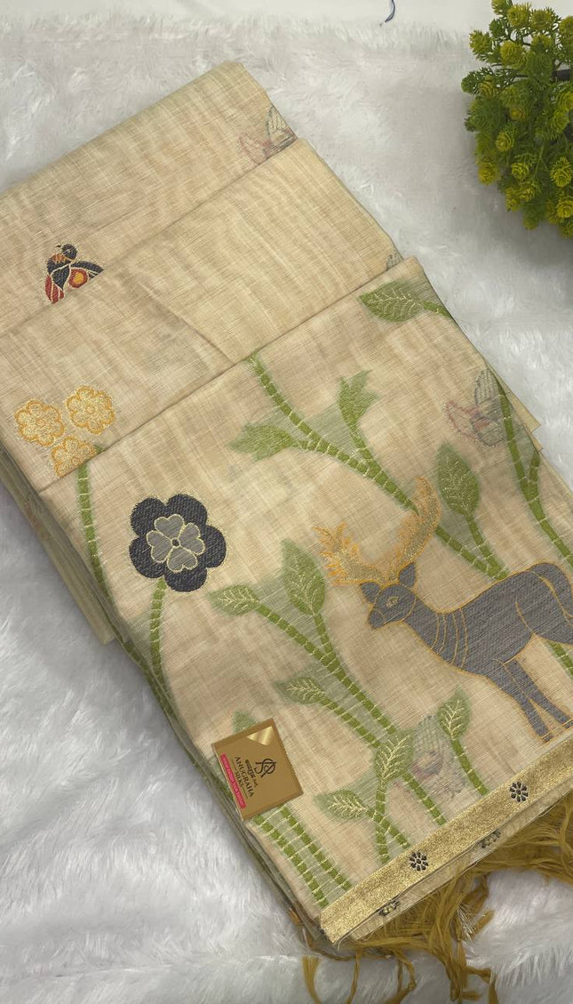 Cream Cotton Linen Saree with yellow contrast blouse |CS5