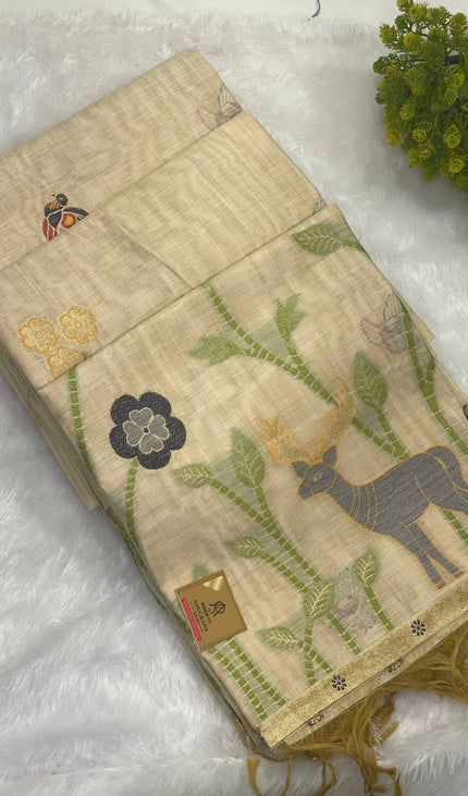Cream Cotton Linen Saree with yellow contrast blouse |CS5