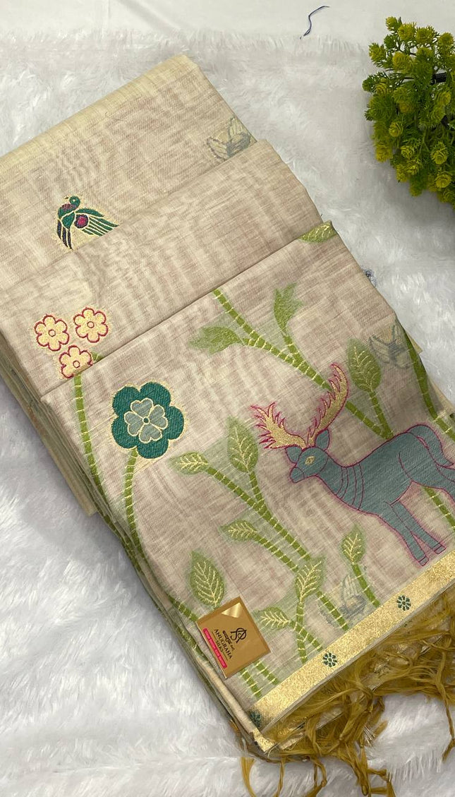 Cream Cotton Linen Saree with maroon blouse  |CS5