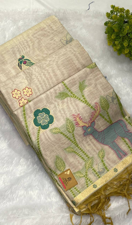 Cream Cotton Linen Saree with maroon blouse  |CS5