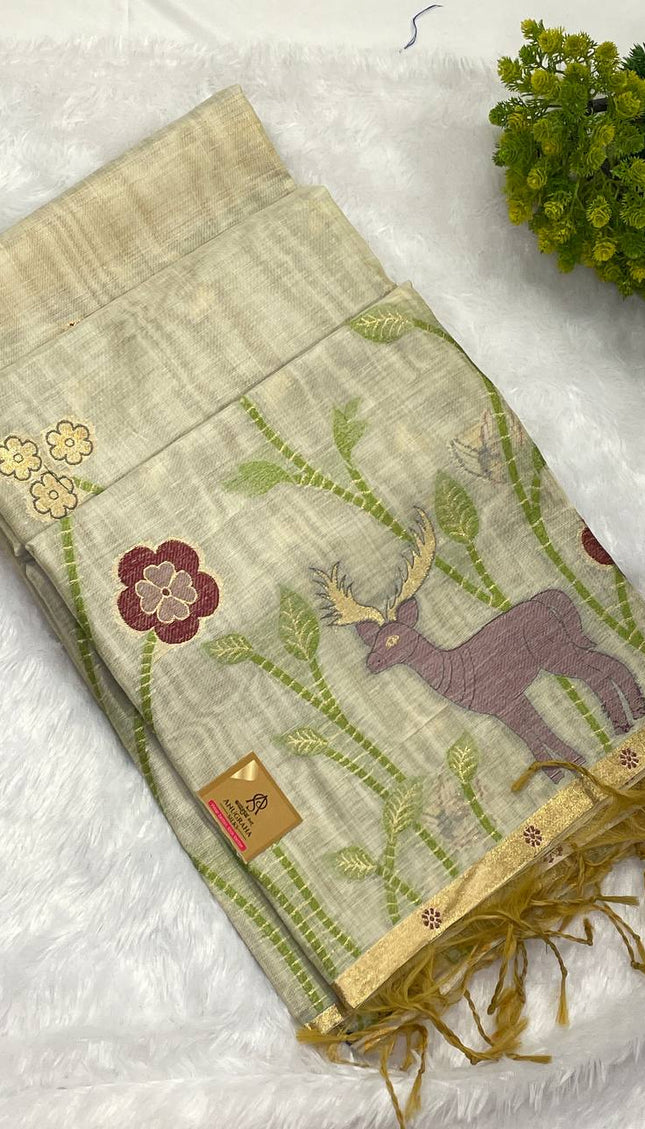 Cream Cotton Linen Saree with Black Contrast Blouse|CS5