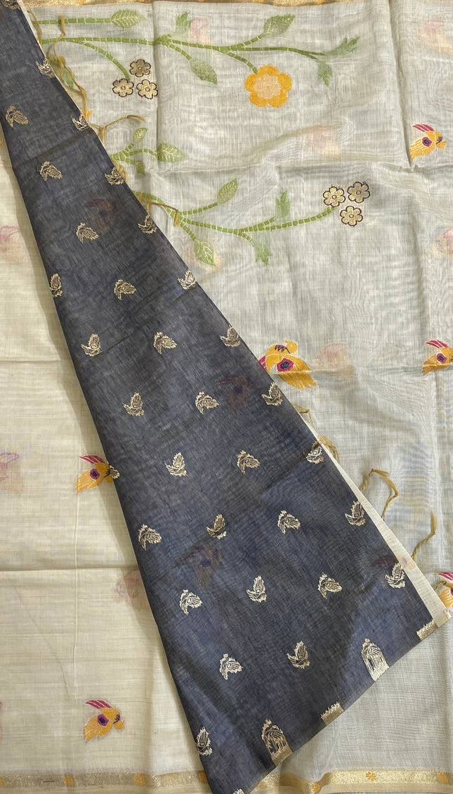 Cream Cotton Linen saree with Black Attached blouse | CS5