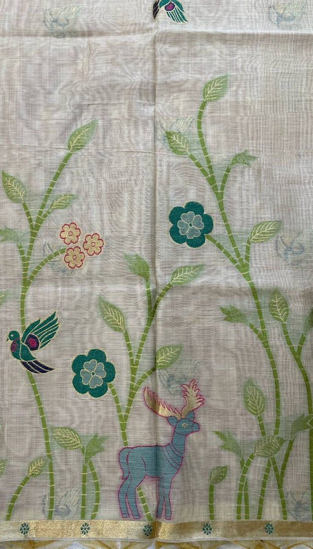 Cream Cotton Linen Saree with maroon blouse  |CS5
