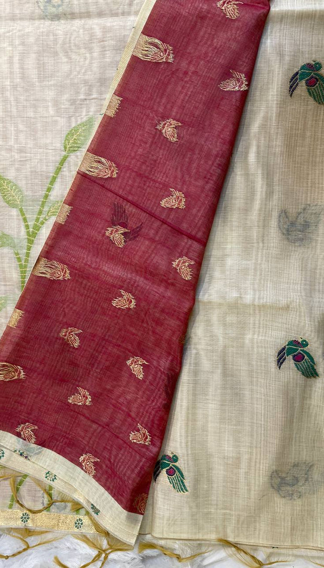 Cream Cotton Linen Saree with maroon blouse  |CS5