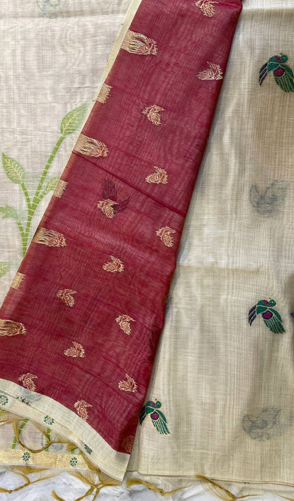 Cream Cotton Linen Saree with maroon blouse  |CS5