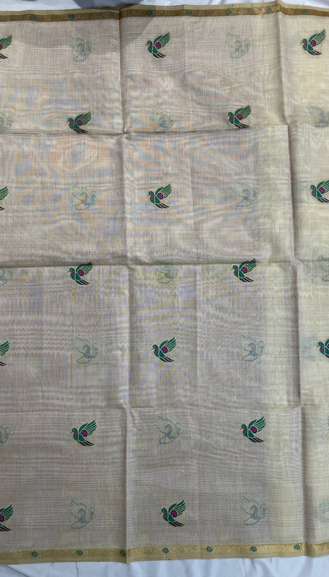 Cream Cotton Linen Saree with maroon blouse  |CS5