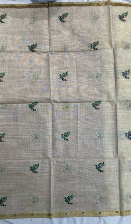 Cream Cotton Linen Saree with maroon blouse  |CS5
