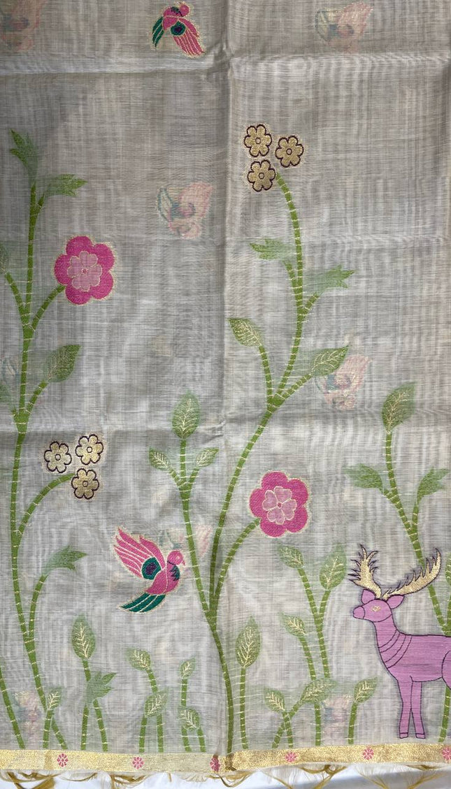 Cream Cotton Linen Saree with wine contrast blouse  |CS5