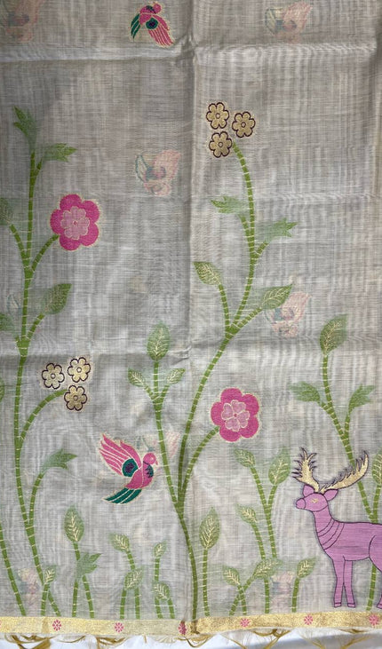 Cream Cotton Linen Saree with wine contrast blouse  |CS5