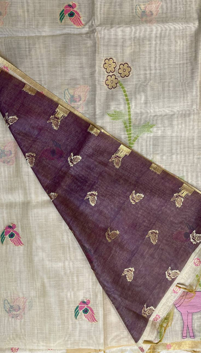 Cream Cotton Linen Saree with wine contrast blouse  |CS5