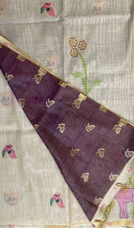 Cream Cotton Linen Saree with wine contrast blouse  |CS5