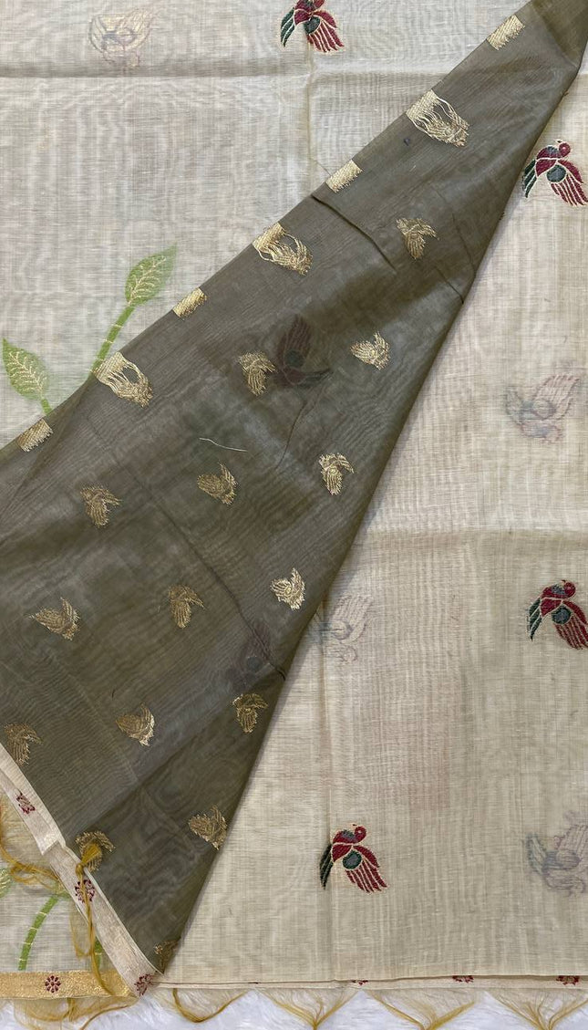 Cream Cotton Linen Saree with Black Contrast Blouse|CS5