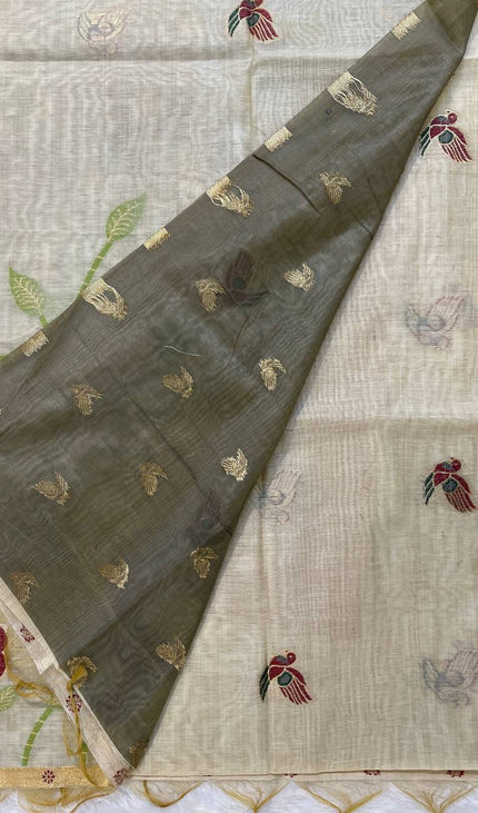 Cream Cotton Linen Saree with Black Contrast Blouse|CS5