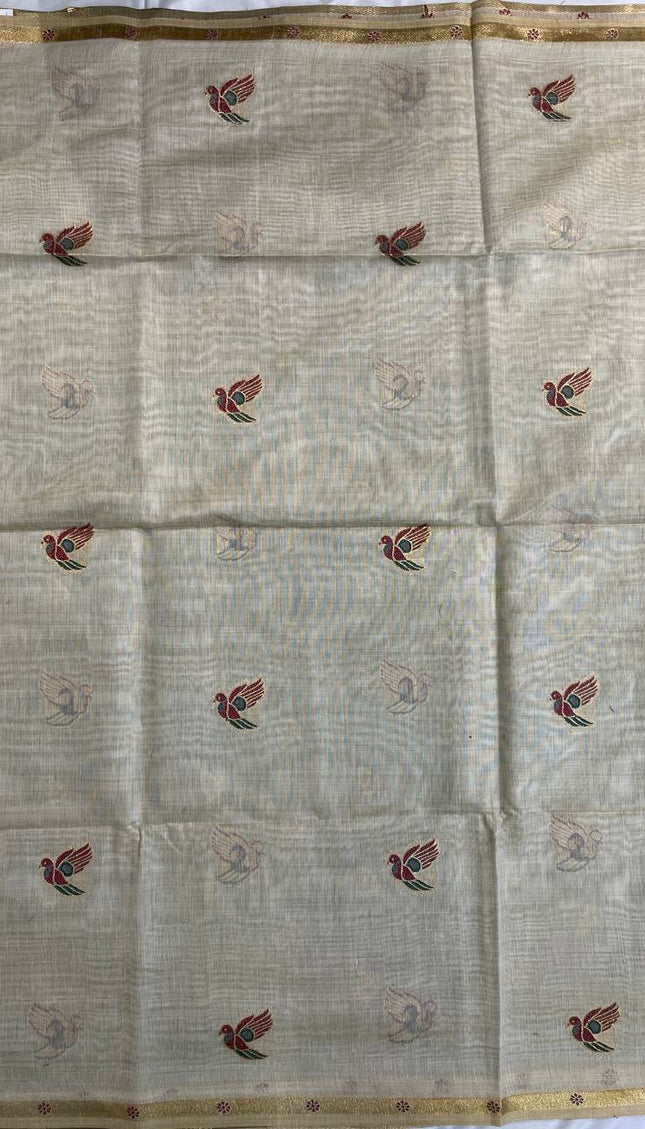 Cream Cotton Linen Saree with Black Contrast Blouse|CS5