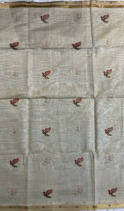 Cream Cotton Linen Saree with Black Contrast Blouse|CS5