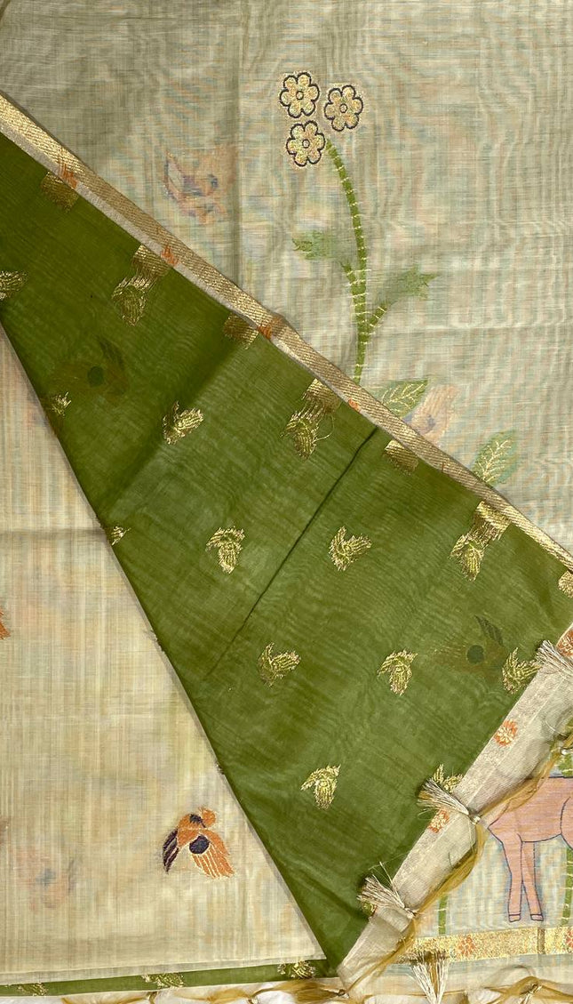 Cream Cotton Linen Saree with green contrast blouse|CS5