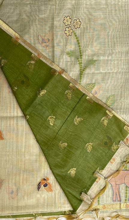 Cream Cotton Linen Saree with green contrast blouse|CS5