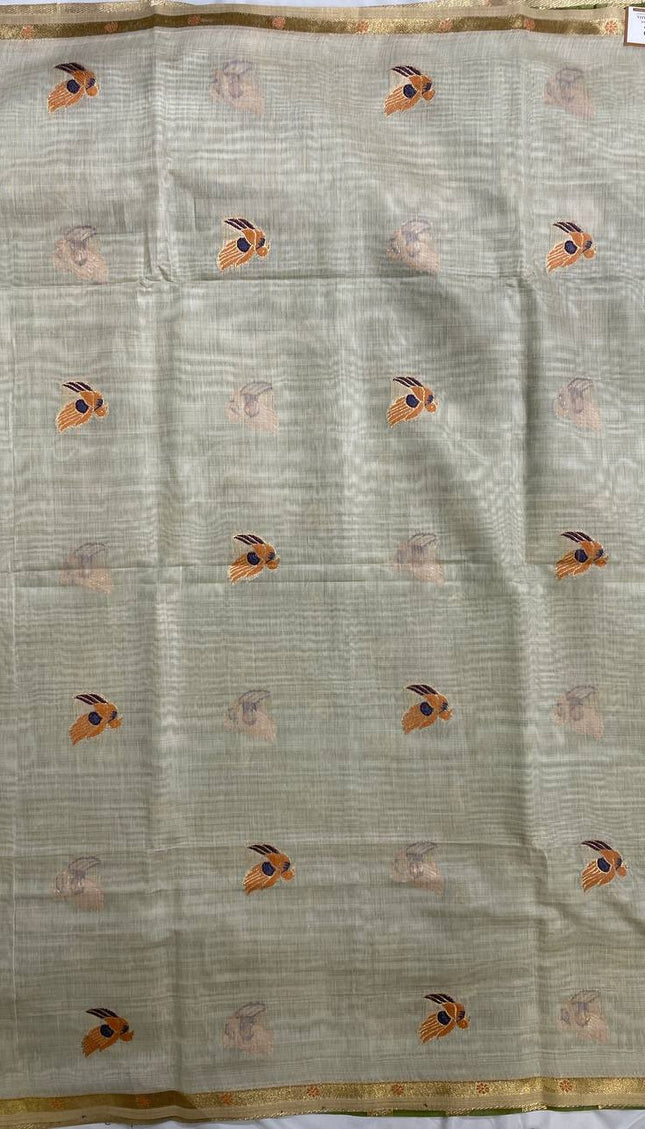 Cream Cotton Linen Saree with green contrast blouse|CS5