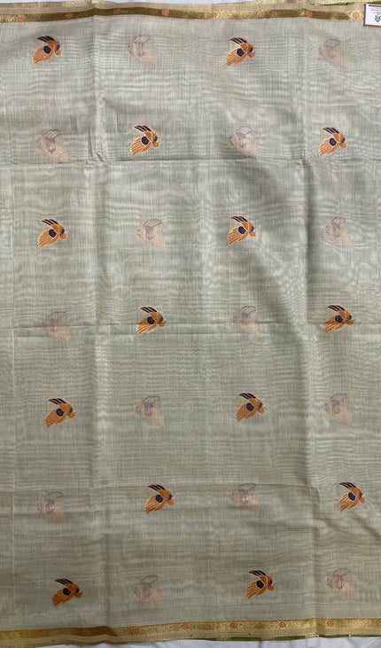 Cream Cotton Linen Saree with green contrast blouse|CS5