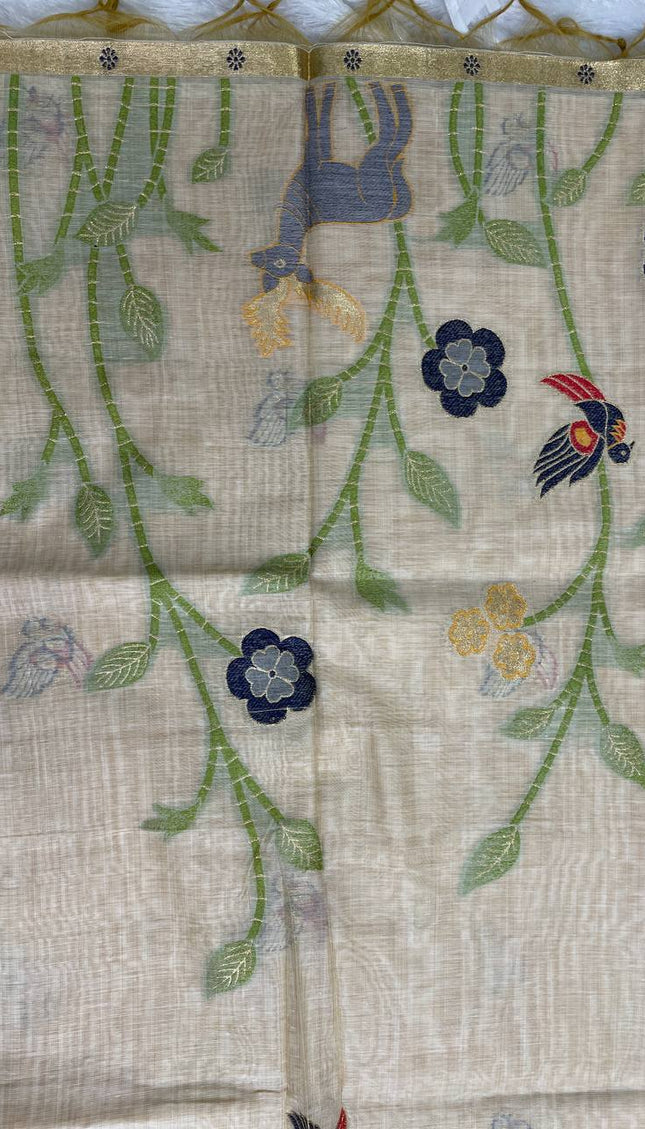 Cream Cotton Linen Saree with yellow contrast blouse |CS5