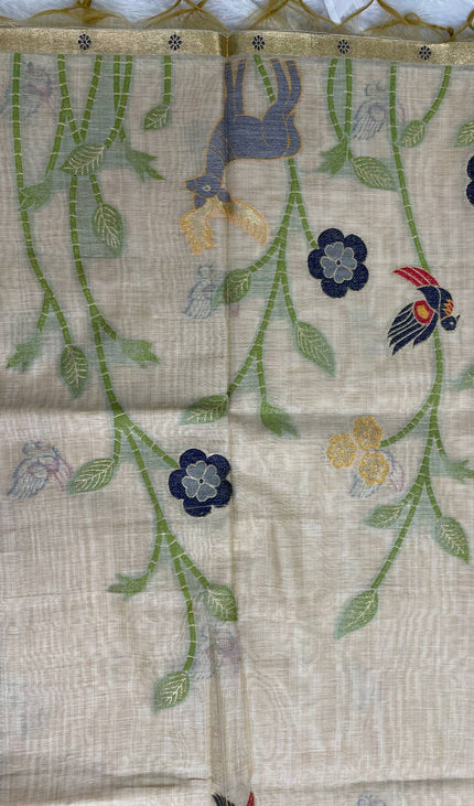 Cream Cotton Linen Saree with yellow contrast blouse |CS5