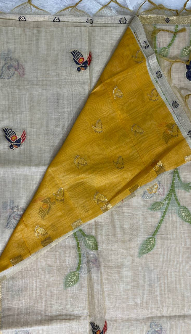 Cream Cotton Linen Saree with yellow contrast blouse |CS5