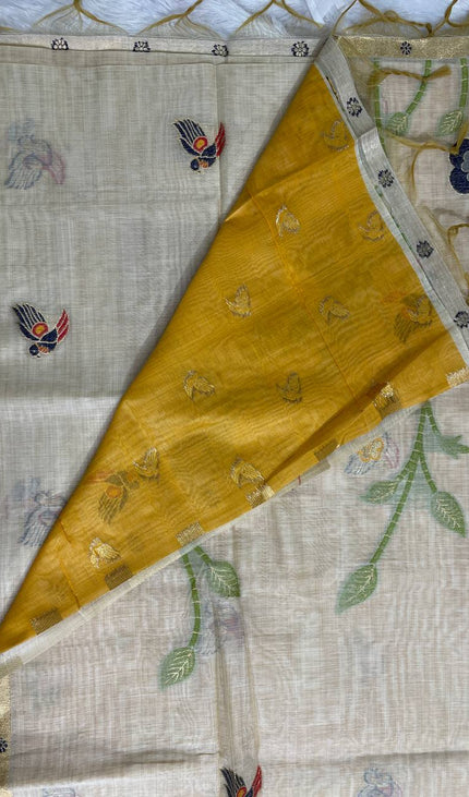 Cream Cotton Linen Saree with yellow contrast blouse |CS5