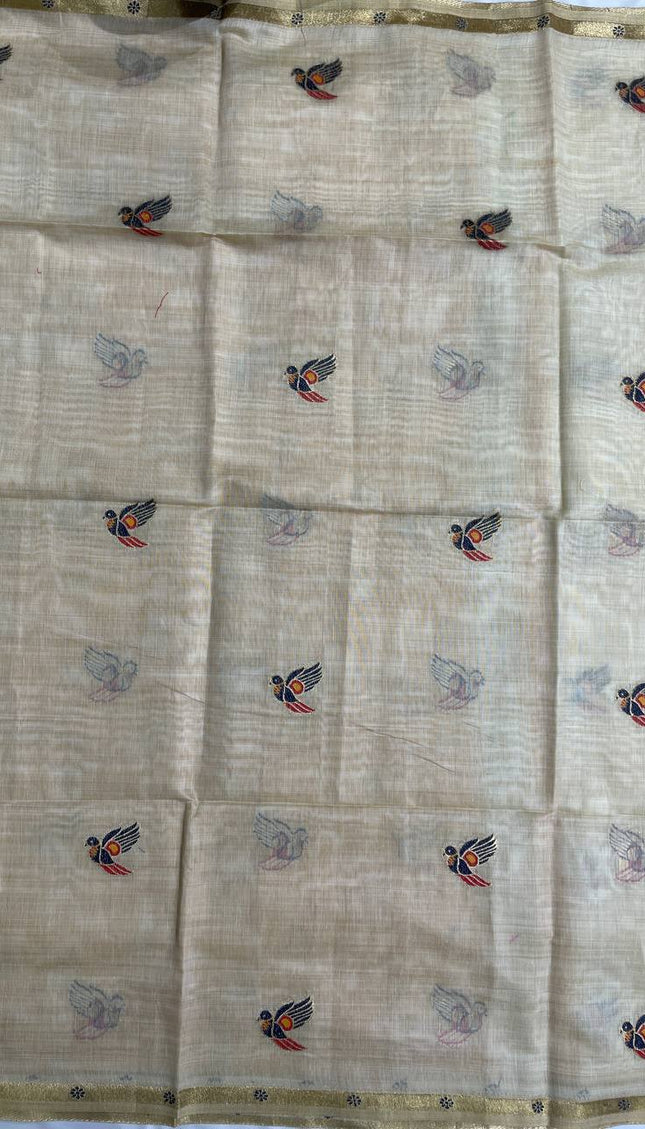 Cream Cotton Linen Saree with yellow contrast blouse |CS5