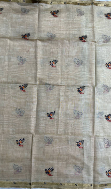 Cream Cotton Linen Saree with yellow contrast blouse |CS5