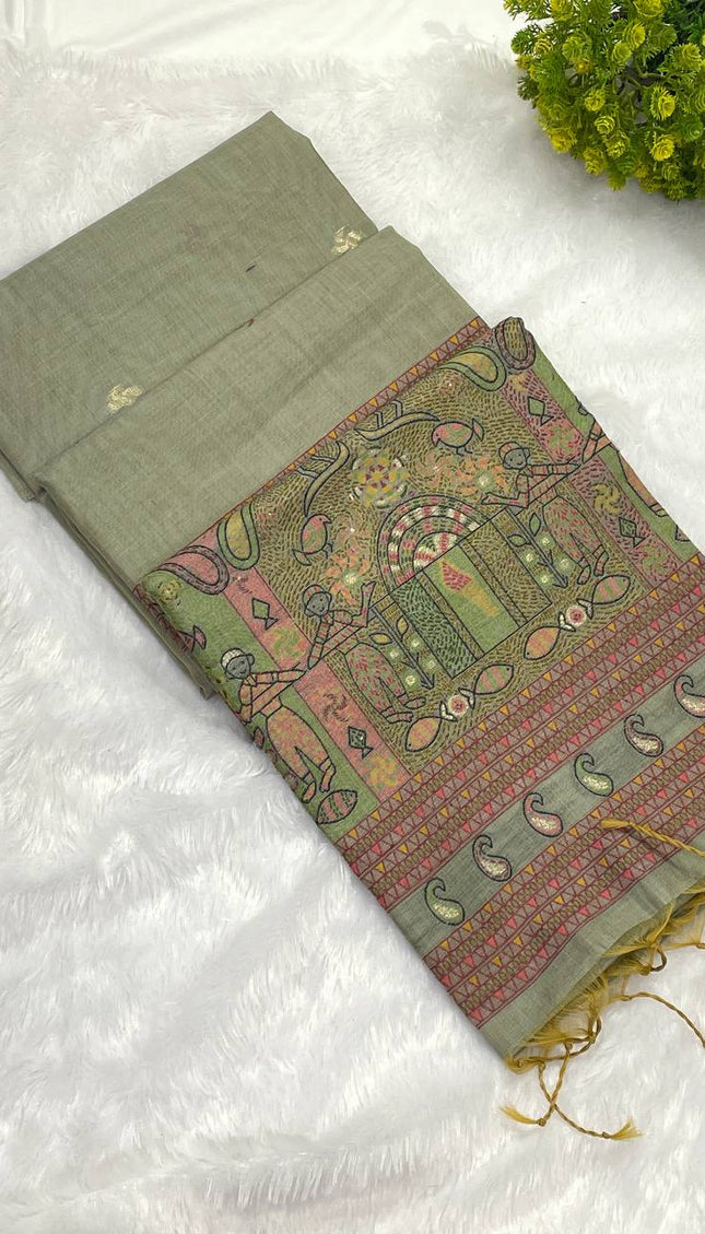 Grey Soft Cotton Silk Saree with Traditional Madhubani Style Border |CS3|