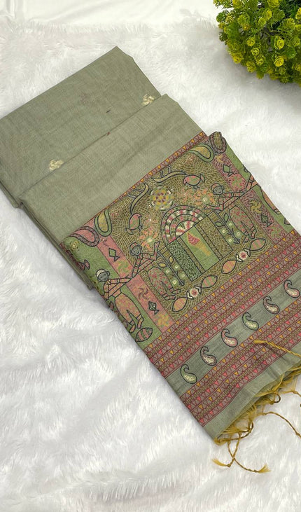 Grey Soft Cotton Silk Saree with Traditional Madhubani Style Border |CS3|
