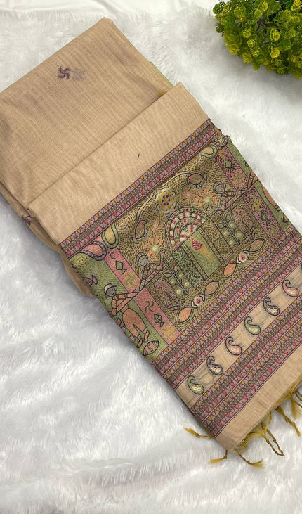 Beige Soft Cotton Silk Saree with Traditional Printed Border |CS3|