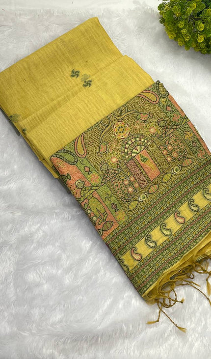 Mustard Yellow Soft Cotton Silk Saree with Ethnic Border Design |CS3|