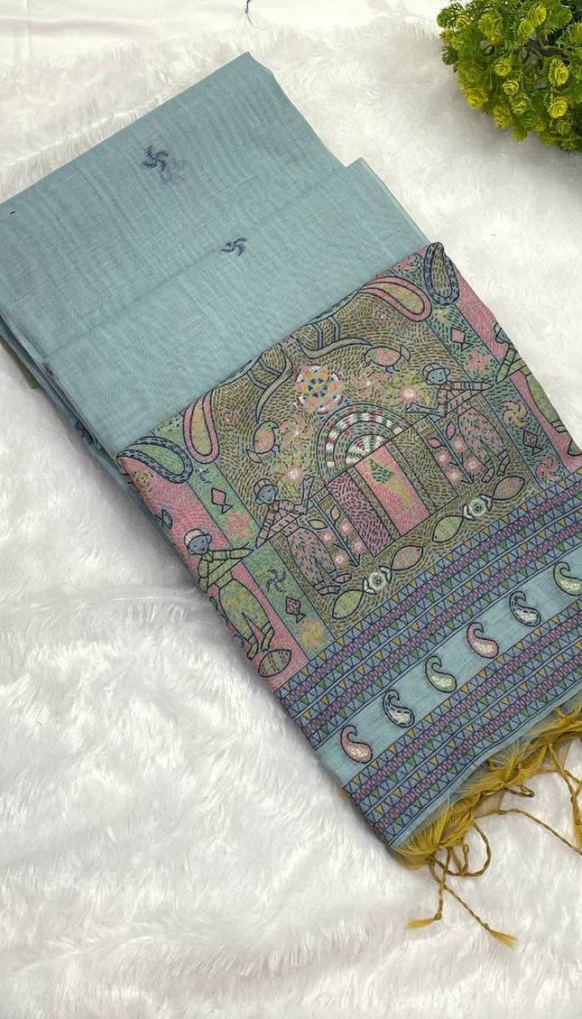 Sky Blue Soft Cotton Silk Saree with Traditional Folk Art Border Daily Office Wear |CS3|