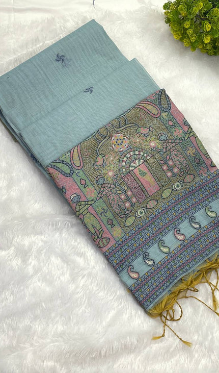 Sky Blue Soft Cotton Silk Saree with Traditional Folk Art Border Daily Office Wear |CS3|