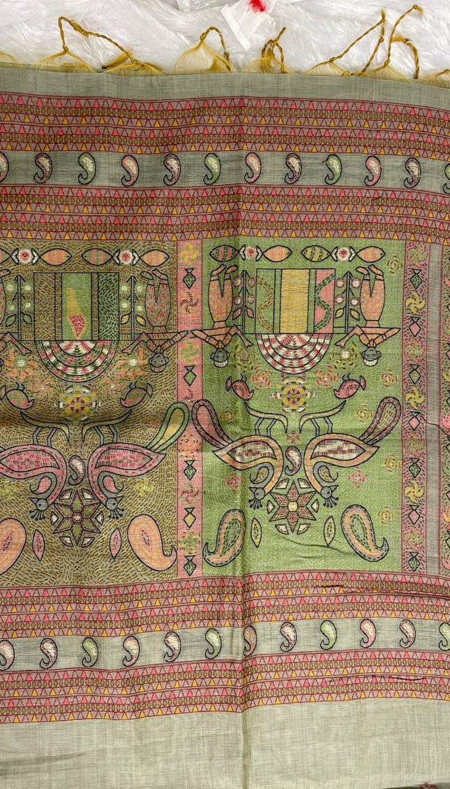Grey Soft Cotton Silk Saree with Traditional Madhubani Style Border |CS3|
