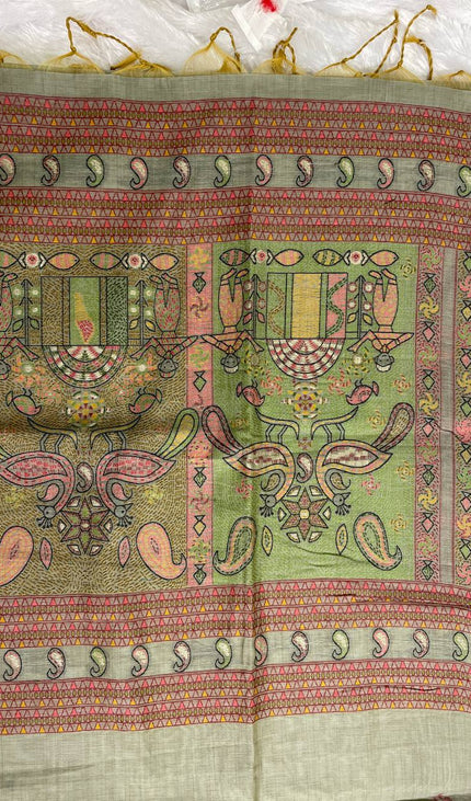 Grey Soft Cotton Silk Saree with Traditional Madhubani Style Border |CS3|