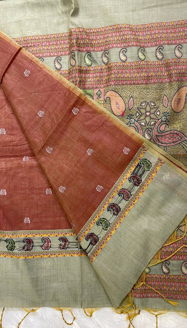 Grey Soft Cotton Silk Saree with Traditional Madhubani Style Border |CS3|