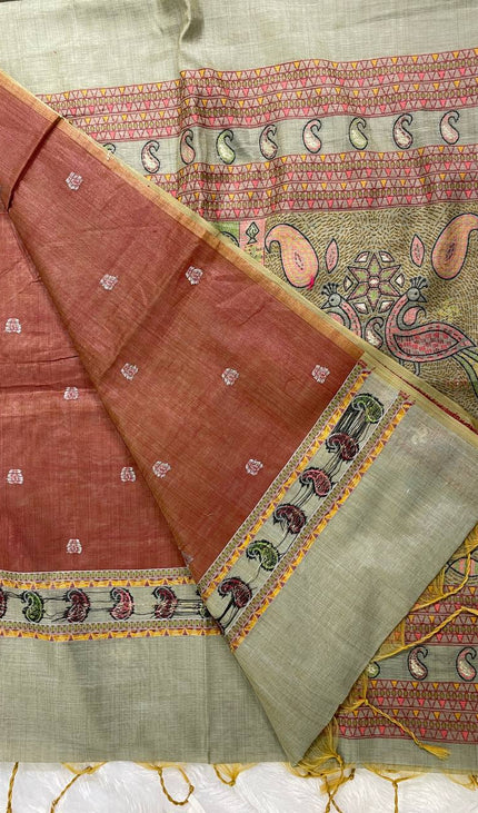 Grey Soft Cotton Silk Saree with Traditional Madhubani Style Border |CS3|