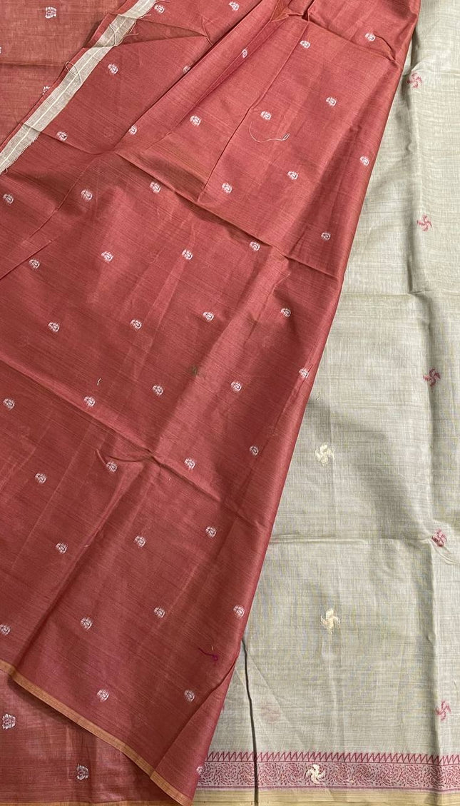 Grey Soft Cotton Silk Saree with Traditional Madhubani Style Border |CS3|