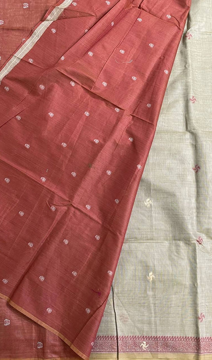 Grey Soft Cotton Silk Saree with Traditional Madhubani Style Border |CS3|