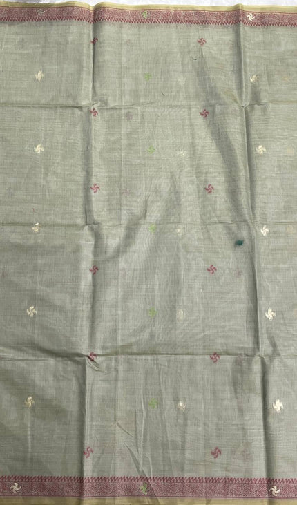 Grey Soft Cotton Silk Saree with Traditional Madhubani Style Border |CS3|