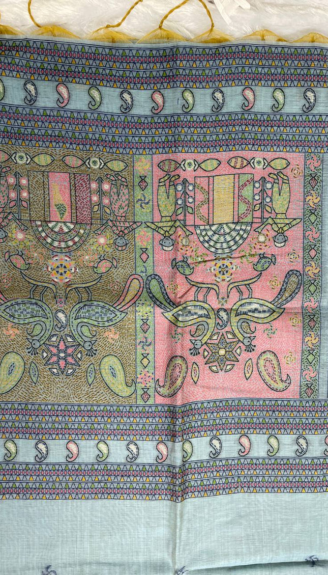 Sky Blue Soft Cotton Silk Saree with Traditional Folk Art Border Daily Office Wear |CS3|