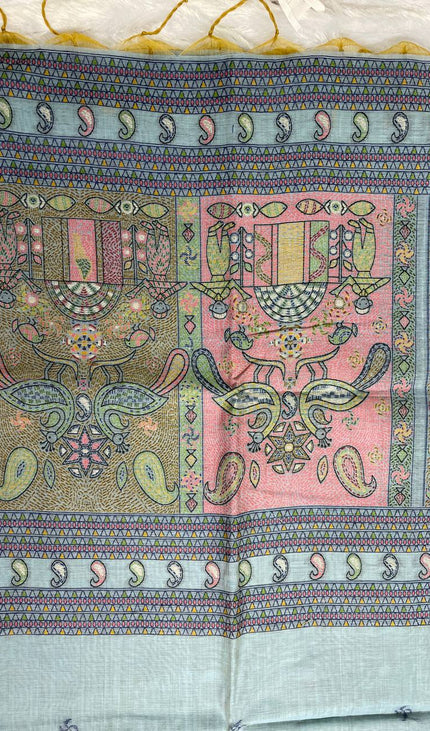 Sky Blue Soft Cotton Silk Saree with Traditional Folk Art Border Daily Office Wear |CS3|