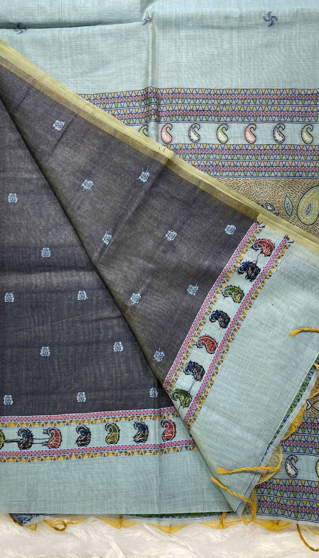 Sky Blue Soft Cotton Silk Saree with Traditional Folk Art Border Daily Office Wear |CS3|